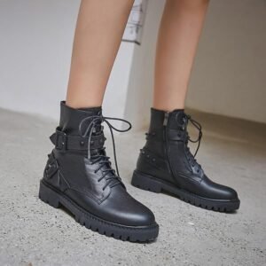 black Buckled Leather Ankle Boots For Women